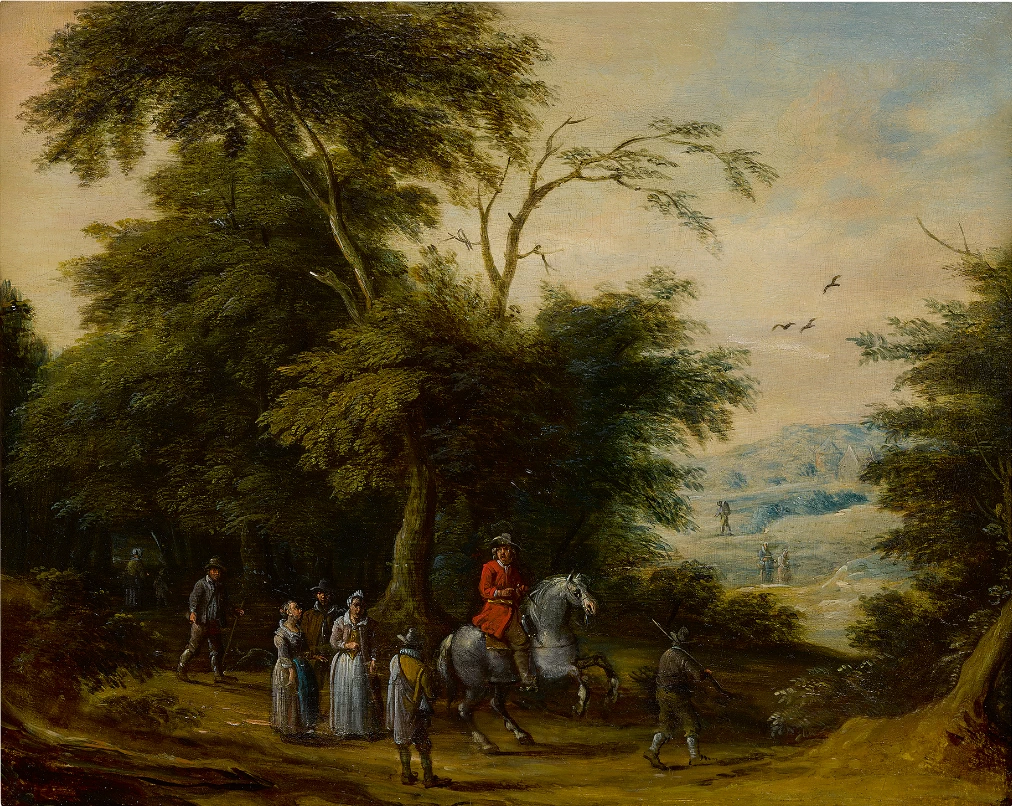 Paesaggio boscoso con un cavaliere e altre figure in primo piano